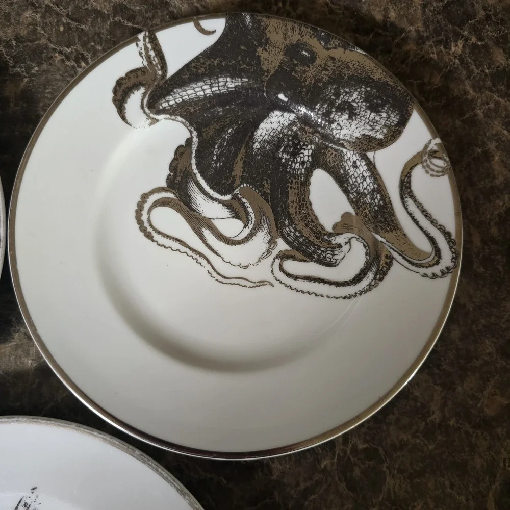 Set 3 ZGallerie Delfina Salad Plate Platinum Sea life Turtle Octopus modern glam